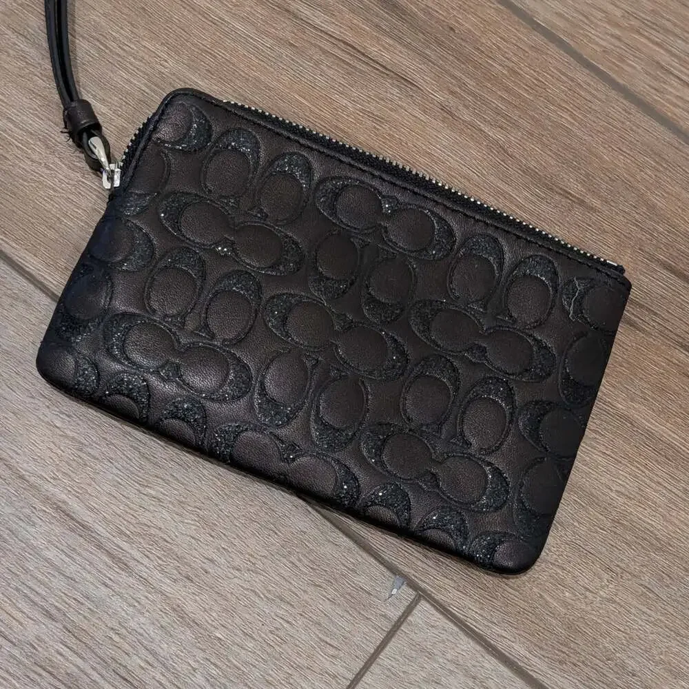 Coach Signature Shimmer Glitter Black Leather Corner Zip Wristlet